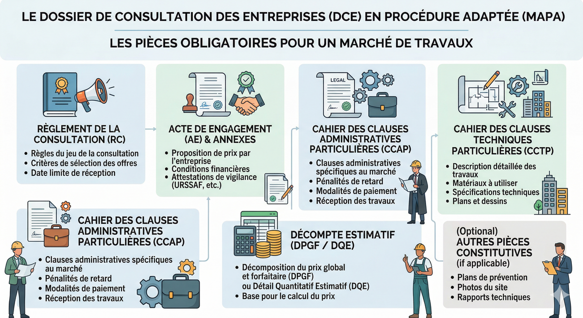 Quelles sont les pièces obligatoires d'un DCE travaux en procédure adaptée ?
